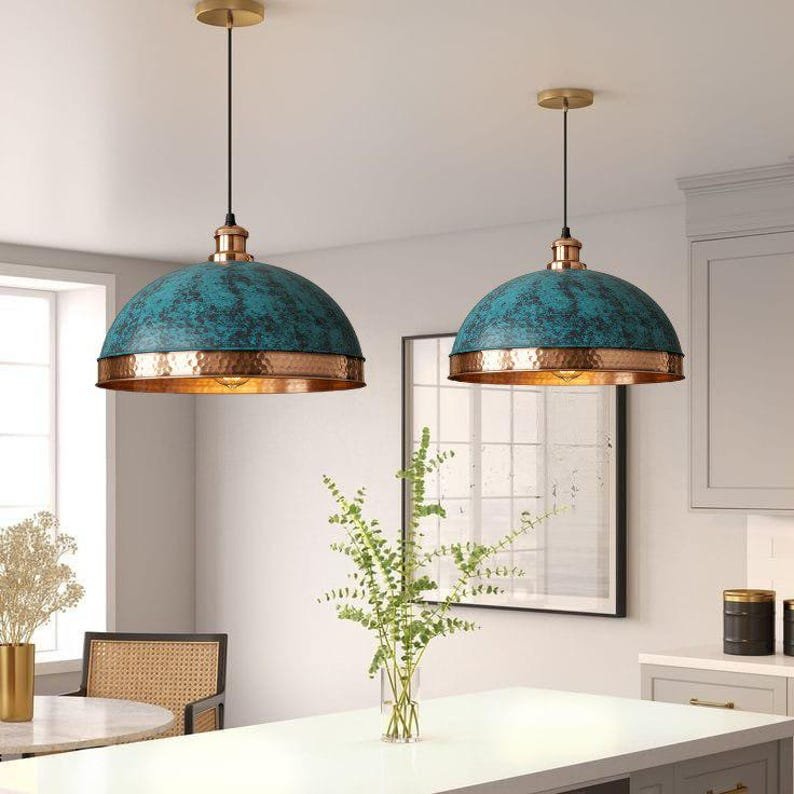 set of 3 Green patina copper dome pendant light-oxidized turquoise patina with copper interior -modern kitchen island - vintage hanging lamp