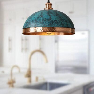 set of 3 Green patina copper dome pendant light-oxidized turquoise patina with copper interior -modern kitchen island - vintage hanging lamp