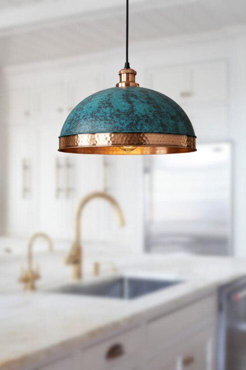 set of 3 Green patina copper dome pendant light-oxidized turquoise patina with copper interior -modern kitchen island - vintage hanging lamp