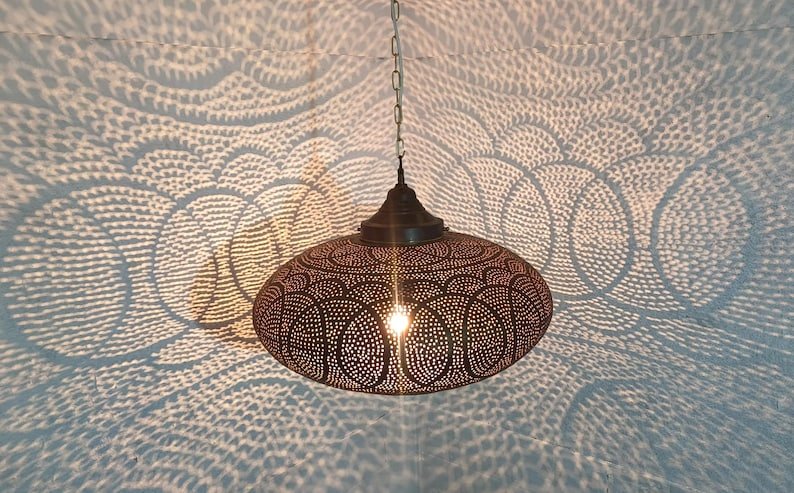 Handmade Moroccan Brass Pendant Light: Boho Shadow Lantern Handmade Moroccan Brass Pendant Light: Boho Shadow Lantern
