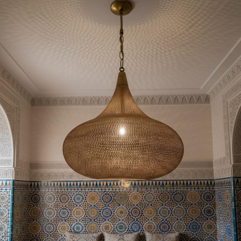 products-BrassPen1 Teardrop Hammered Brass Pendant Shadow Effect Ceiling Light