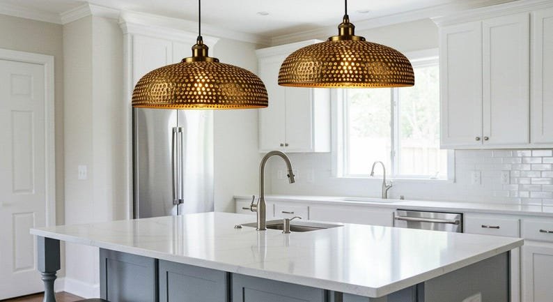 Handmade Brass Dome Pendant Light, Rustic Moroccan Style Ceiling Lamp for Kitchen Island, Dining Room, Brass lamp.