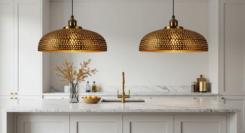 Handmade Brass Dome Pendant Light, Rustic Moroccan Style Ceiling Lamp for Kitchen Island, Dining Room, Brass lamp.