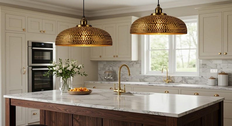 Handmade Brass Dome Pendant Light, Rustic Moroccan Style Ceiling Lamp for Kitchen Island, Dining Room, Brass lamp.