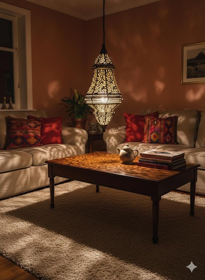 Handmade Moroccan Brass Pendant Light – Engraved Dome, Shadow Patterns