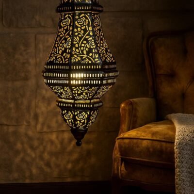 Handmade Moroccan Brass Pendant Light – Engraved Dome, Shadow Patterns