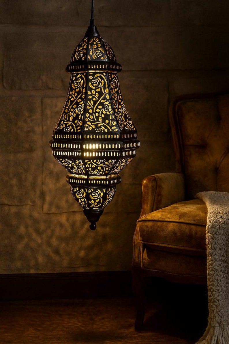 Handmade Moroccan Brass Pendant Light – Engraved Dome, Shadow Patterns