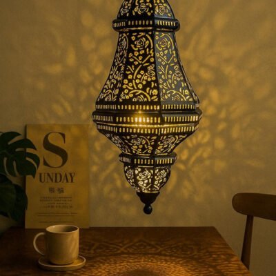 Handmade Moroccan Brass Pendant Light – Engraved Dome, Shadow Patterns