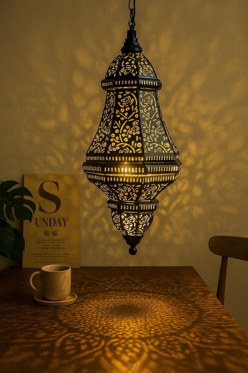 Handmade Moroccan Brass Pendant Light – Engraved Dome, Shadow Patterns