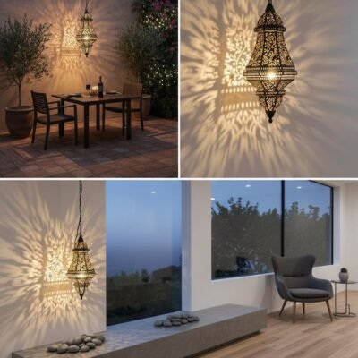 Handmade Moroccan Brass Pendant Light – Engraved Dome, Shadow Patterns