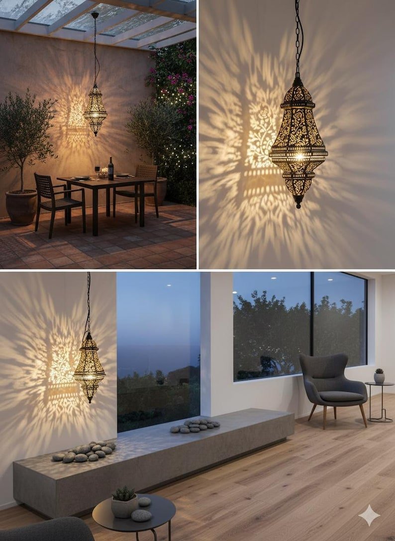 Handmade Moroccan Brass Pendant Light – Engraved Dome, Shadow Patterns