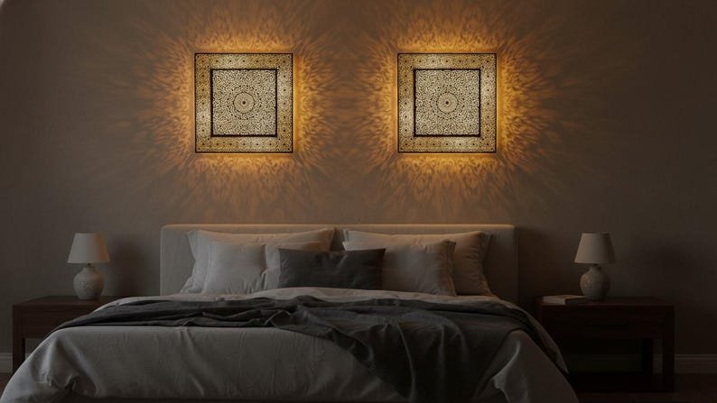 Handmade Moroccan Brass Wall Sconce, Geometric Light Fixture