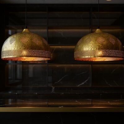 Handmade Moroccan Brass Pendant Light - Hammered Dome with Cutout Patterns