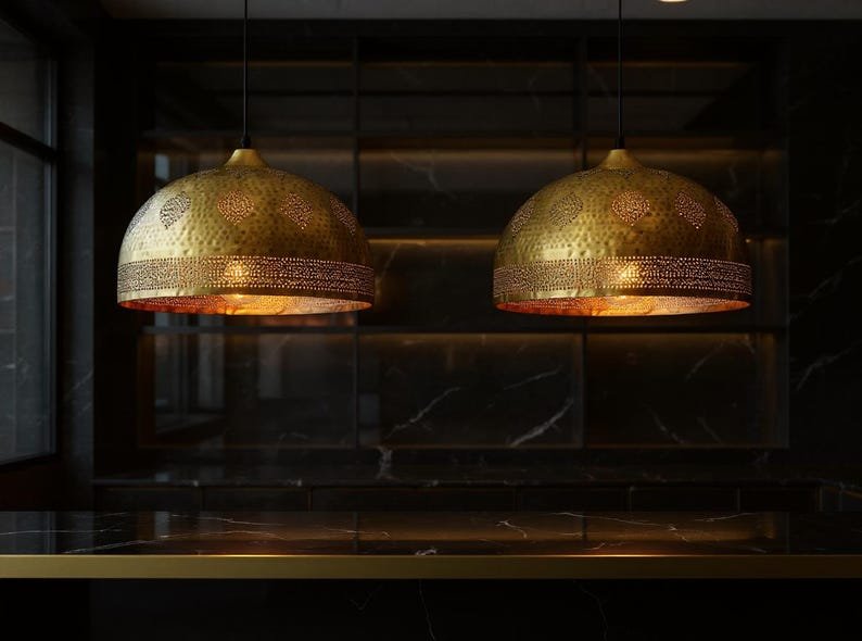 Handmade Moroccan Brass Pendant Light - Hammered Dome with Cutout Patterns