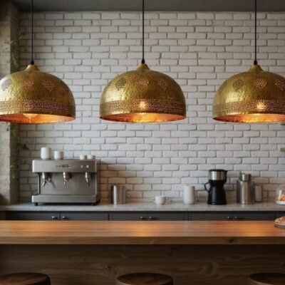 Handmade Moroccan Brass Pendant Light - Hammered Dome with Cutout Patterns