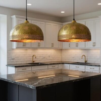 Handmade Moroccan Brass Pendant Light - Hammered Dome with Cutout Patterns