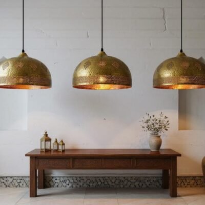 Handmade Moroccan Brass Pendant Light - Hammered Dome with Cutout Patterns