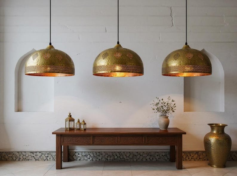 Handmade Moroccan Brass Pendant Light - Hammered Dome with Cutout Patterns