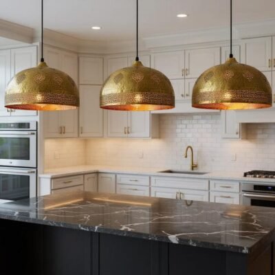 Handmade Moroccan Brass Pendant Light - Hammered Dome with Cutout Patterns