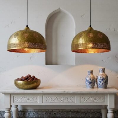 Handmade Moroccan Brass Pendant Light - Hammered Dome with Cutout Patterns