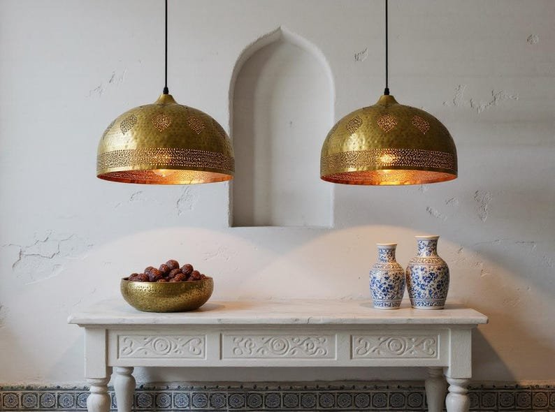 Handmade Moroccan Brass Pendant Light - Hammered Dome with Cutout Patterns