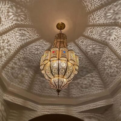 Large Moroccan Brass Pendant Light – Handmade Chandelier Ceiling Lamp