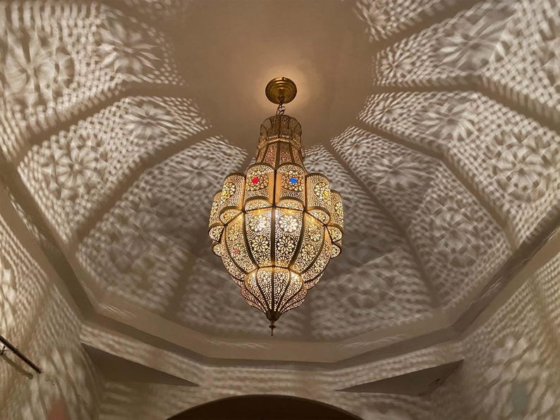 Large Moroccan Brass Pendant Light – Handmade Chandelier Ceiling Lamp