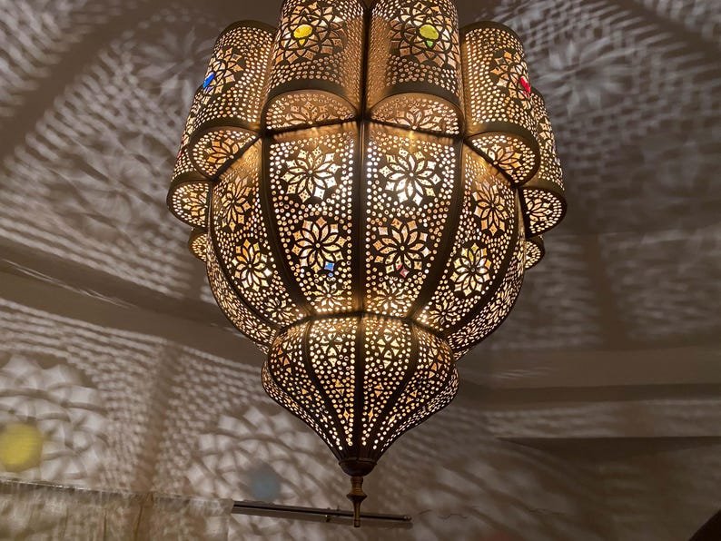 Large Moroccan Brass Pendant Light – Handmade Chandelier Ceiling Lamp