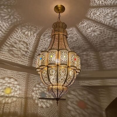 Large Moroccan Brass Pendant Light – Handmade Chandelier Ceiling Lamp