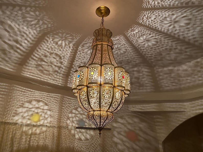 Large Moroccan Brass Pendant Light – Handmade Chandelier Ceiling Lamp
