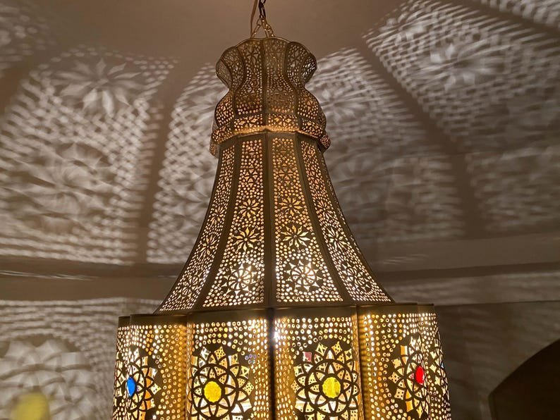 Large Moroccan Brass Pendant Light – Handmade Chandelier Ceiling Lamp