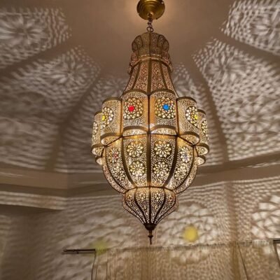 Large Moroccan Brass Pendant Light – Handmade Chandelier Ceiling Lamp