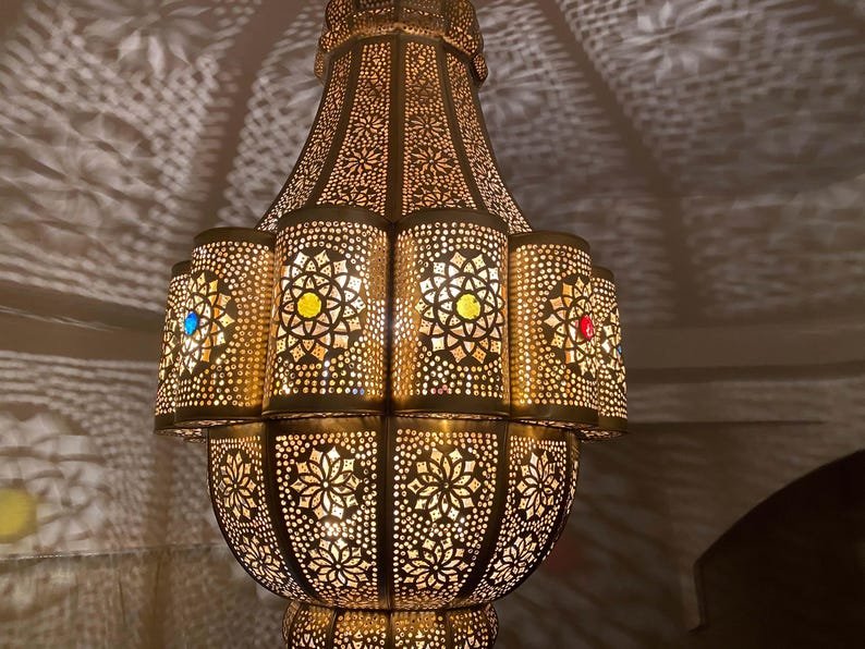 Large Moroccan Brass Pendant Light – Handmade Chandelier Ceiling Lamp