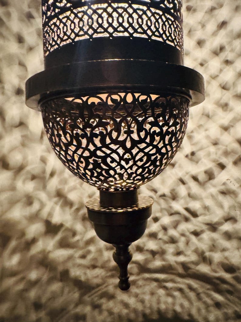 Moroccan Brass Pendant Light, Tall Hanging Lantern Fixture with Intricate Filigree Design Moroccan Brass Pendant Light, Tall Hanging Lantern Fixture with Intricate Filigree Design