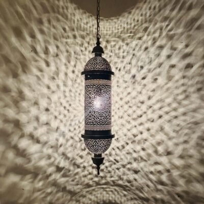 Moroccan Brass Pendant Light, Tall Hanging Lantern Fixture with Intricate Filigree Design Moroccan Brass Pendant Light, Tall Hanging Lantern Fixture with Intricate Filigree Design