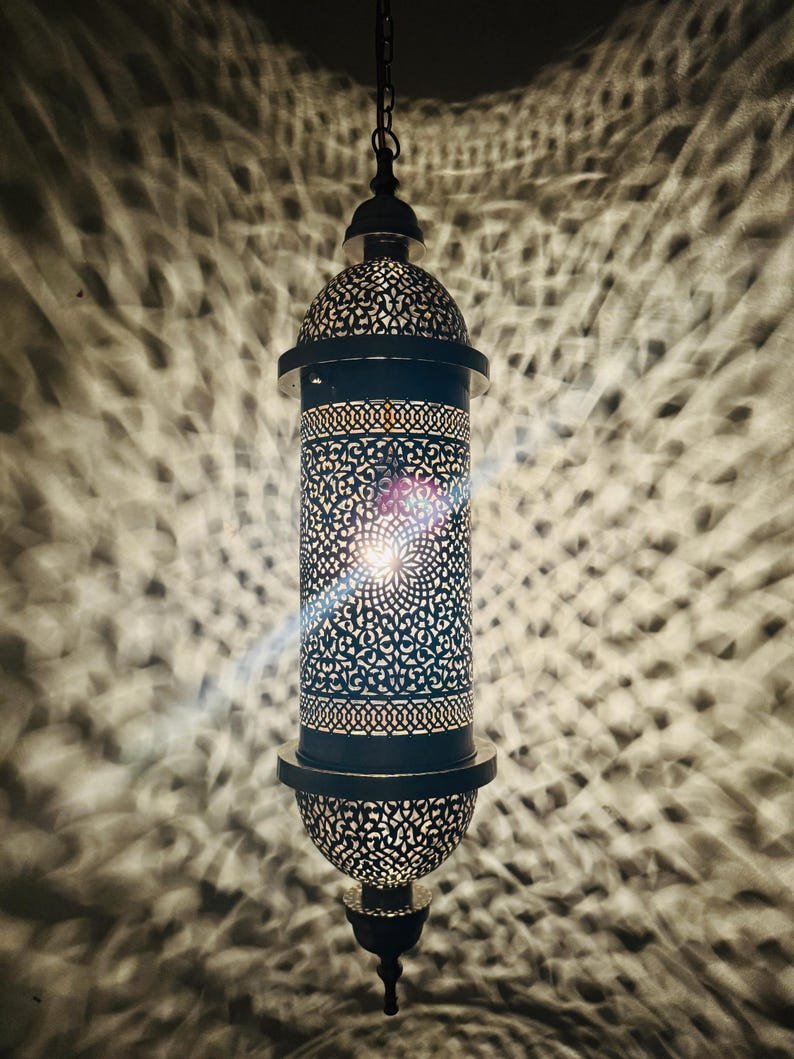 Moroccan Brass Pendant Light, Tall Hanging Lantern Fixture with Intricate Filigree Design Moroccan Brass Pendant Light, Tall Hanging Lantern Fixture with Intricate Filigree Design