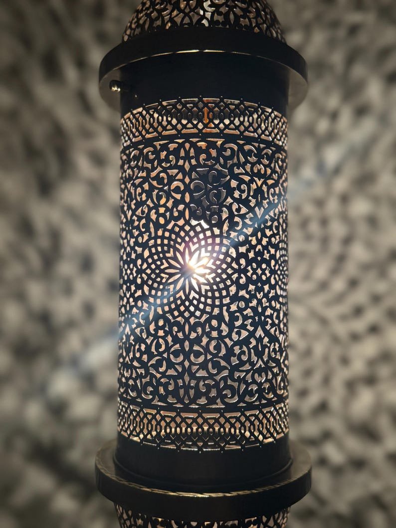 Moroccan Brass Pendant Light, Tall Hanging Lantern Fixture with Intricate Filigree Design Moroccan Brass Pendant Light, Tall Hanging Lantern Fixture with Intricate Filigree Design