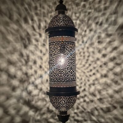 Moroccan Brass Pendant Light, Tall Hanging Lantern Fixture with Intricate Filigree Design Moroccan Brass Pendant Light, Tall Hanging Lantern Fixture with Intricate Filigree Design