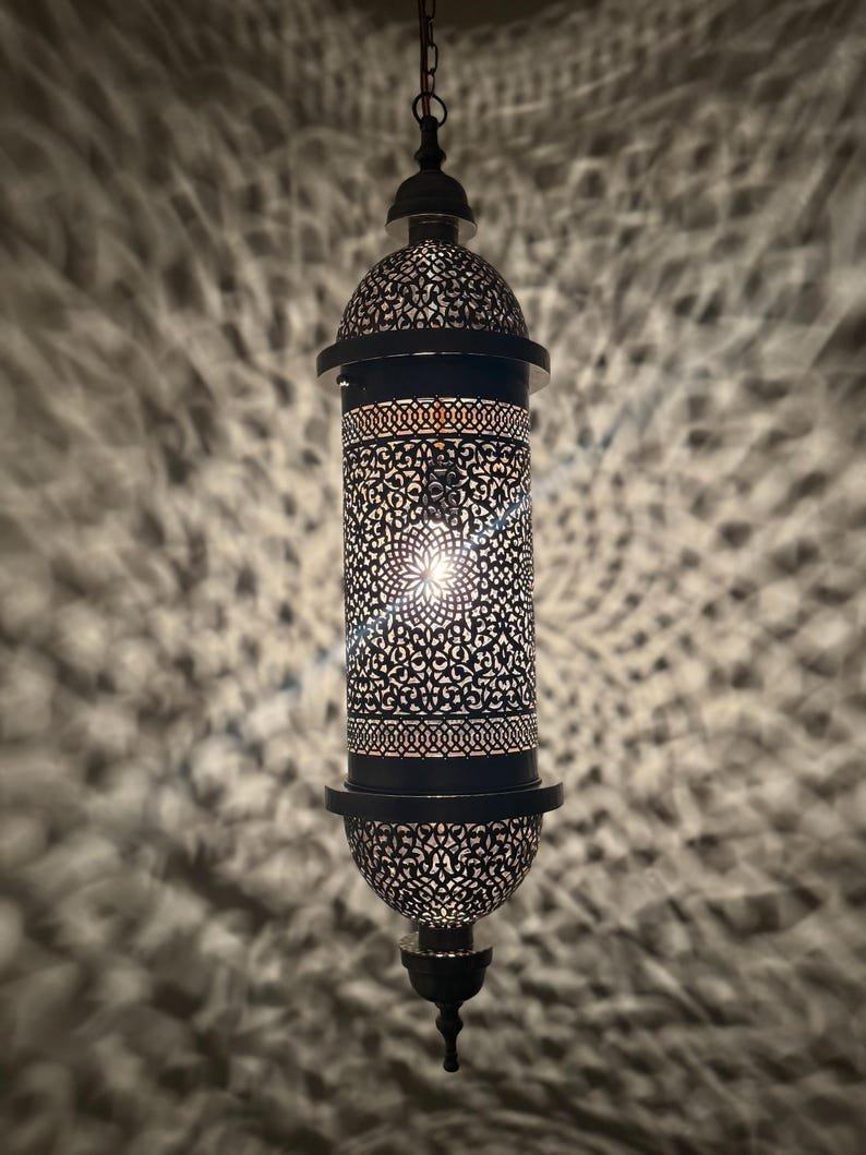 Moroccan Brass Pendant Light, Tall Hanging Lantern Fixture with Intricate Filigree Design Moroccan Brass Pendant Light, Tall Hanging Lantern Fixture with Intricate Filigree Design