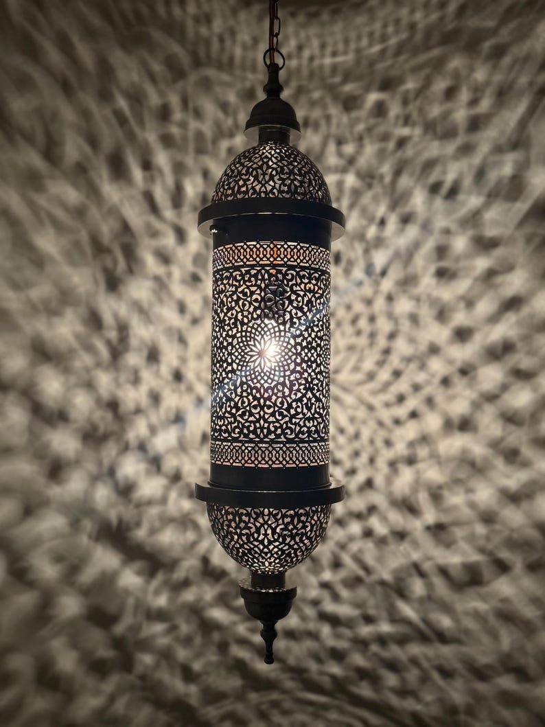 Moroccan Brass Pendant Light, Tall Hanging Lantern Fixture with Intricate Filigree Design Moroccan Brass Pendant Light, Tall Hanging Lantern Fixture with Intricate Filigree Design