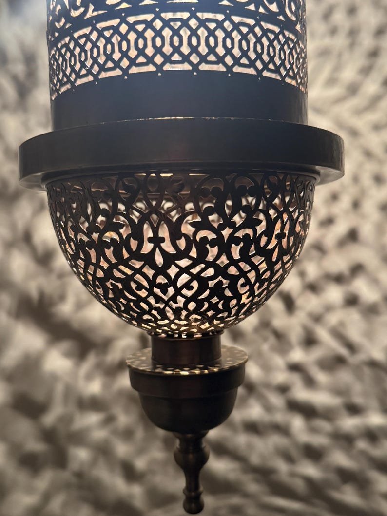Moroccan Brass Pendant Light, Tall Hanging Lantern Fixture with Intricate Filigree Design Moroccan Brass Pendant Light, Tall Hanging Lantern Fixture with Intricate Filigree Design