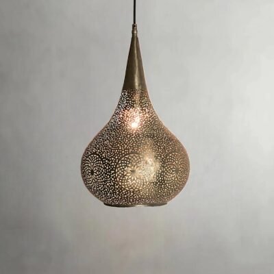 Gold Moroccan Pendant Light – Handmade Brass Teardrop Hanging Lamp Shade