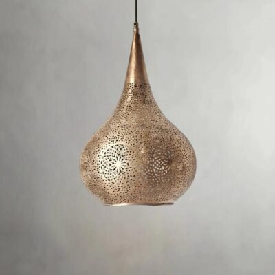 Gold Moroccan Pendant Light – Handmade Brass Teardrop Hanging Lamp Shade