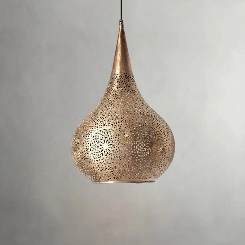 Gold Moroccan Pendant Light – Handmade Brass Teardrop Hanging Lamp Shade