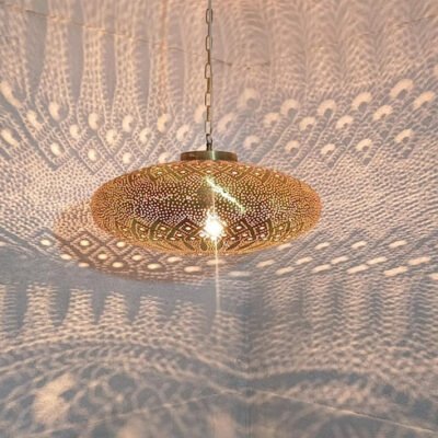 Moroccan Brass Pendant Light: Hammered Lantern with Intricate Shadow Pattern Moroccan Brass Pendant Light: Hammered Lantern with Intricate Shadow Pattern