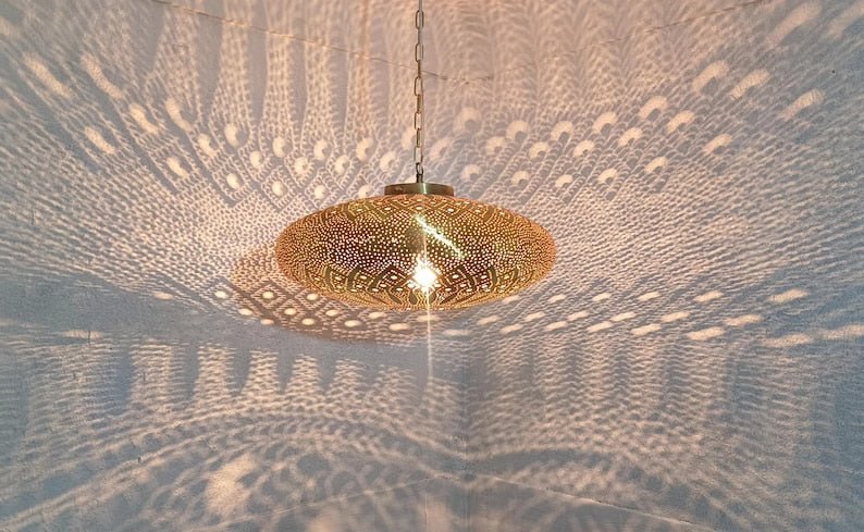 Moroccan Brass Pendant Light: Hammered Lantern with Intricate Shadow Pattern Moroccan Brass Pendant Light: Hammered Lantern with Intricate Shadow Pattern