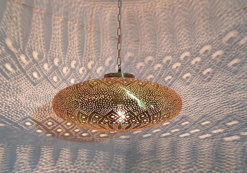 Moroccan Brass Pendant Light: Hammered Lantern with Intricate Shadow Pattern Moroccan Brass Pendant Light: Hammered Lantern with Intricate Shadow Pattern
