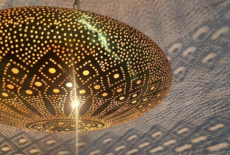Moroccan Brass Pendant Light: Hammered Lantern with Intricate Shadow Pattern Moroccan Brass Pendant Light: Hammered Lantern with Intricate Shadow Pattern