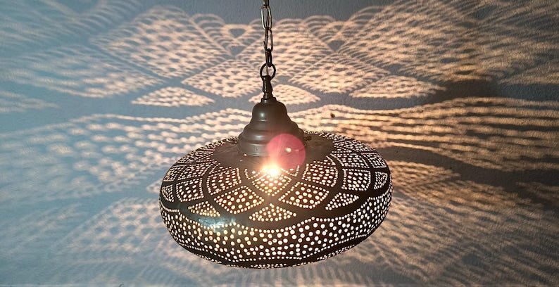 Moroccan Brass Hanging Lantern: Boho Pendant Light Fixture Moroccan Brass Hanging Lantern: Boho Pendant Light Fixture