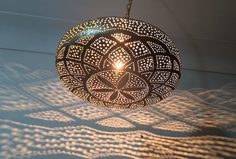 Moroccan Brass Hanging Lantern: Boho Pendant Light Fixture Moroccan Brass Hanging Lantern: Boho Pendant Light Fixture